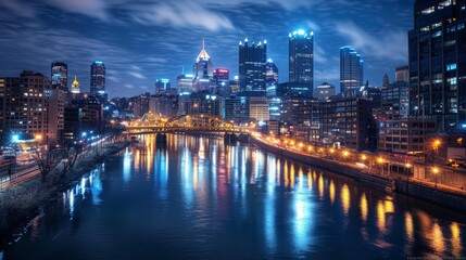 Obraz premium Breathtaking cityscape at night, illuminated skyscrapers, vibrant metropolis. Skyscrapers glowing with colorful lights, long exposure photography.