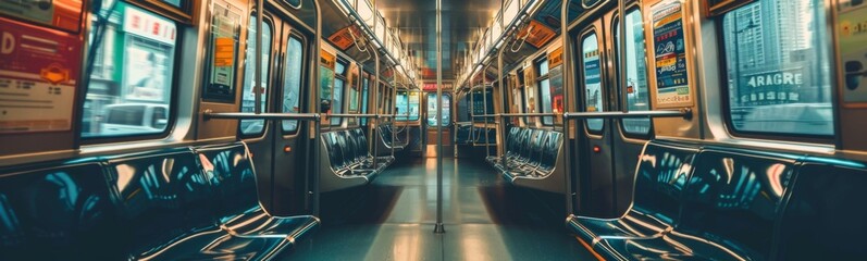 Many seats on the subway train that are empty