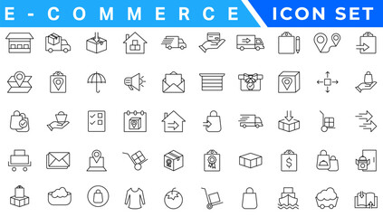 E-commerce icon set. Online shopping and delivery elements. E-business symbol. Solid icons vector collection.