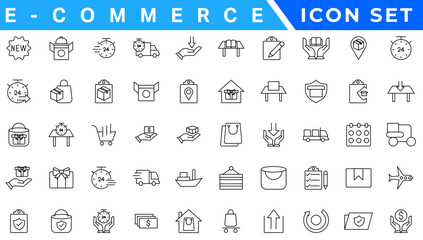 E-commerce icon set. Online shopping and delivery elements. E-business symbol. Solid icons vector collection.