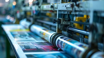 High-quality magazine, brochure, and poster printing services. Close-up shot of printing machine rollers and freshly printed materials. 