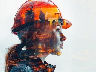 Modern Building Construction Engineer Illustration with Double Exposure of City Skyline and Construction Site