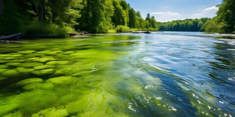 Bluegreen algae Cyanobacteria cause harmful algal blooms in water bodies worldwide. Concept Harmful Algal Blooms, Cyanobacteria, Water Pollution, Environmental Impact