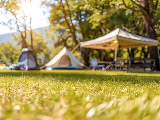 Sunny Camping Field with Canopy Tent and Folding Furniture