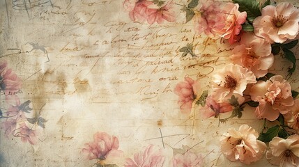 Old worn paper background with classic vintage rose flowers plant botanical decoration.