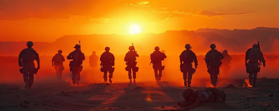Design a dramatic long shot of a group of Navy SEALs in a desert setting
