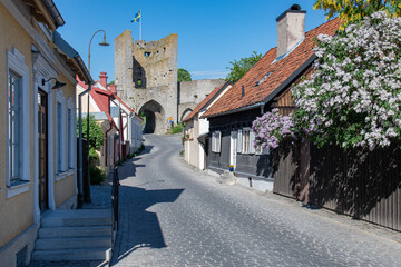 Narrow street in the historical old town in Visby, Sweden