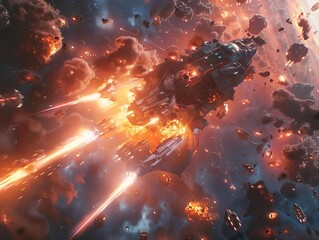 Design an immersive wide-angle depiction of a high-stakes space war encounter showcasing futuristic weapons and explosions