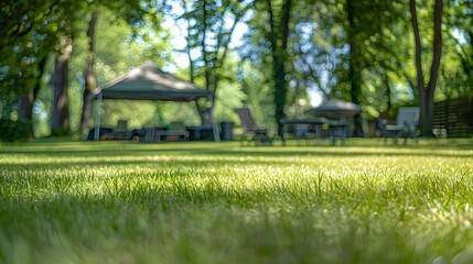 Sunlit Grass Field with Canopy Tent and Folding Chairs on a Camping Site