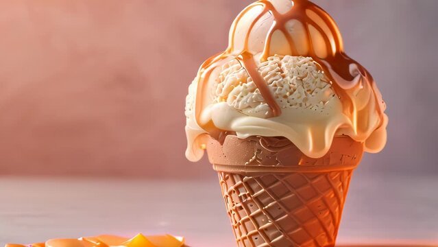 Video animation of  close up view of a melting ice cream cone. The ice cream appears to be vanilla flavor, with caramel sauce drizzled over it