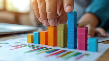Close-up of a person organizing colorful bar graphs on paper, representing business data analysis and financial growth. Clear and detailed view.