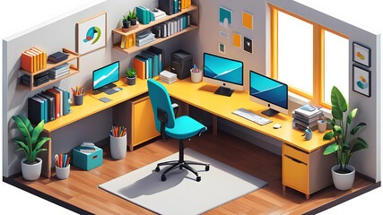 Naklejka premium Isometric workplace in home office room. Office table and chair, modern wide screen computer monitor, floor lamp, chair, bookshelf Generative AI