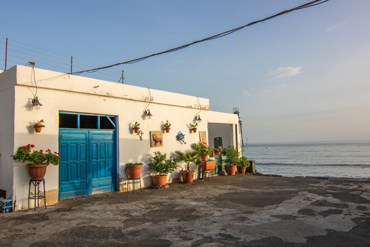 Old village, houses in white. Mediterranean flair on the Atlantic. Typical building style in Tarajalejo, Fuerteventura, Canary Islands, Spain