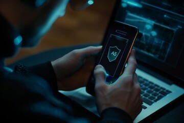 Merchants use smartphones and computers with cybersecurity technology to protect personal data and secure Internet access. Data network security and privacy concepts.