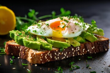 A delicious photograph of avocado toast with sunnysideup eggs, garnished with herbs and seasoning, captured to showcase the vibrant colors and textures, set against a clean and bright background