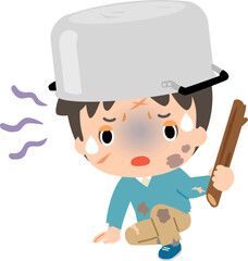 鍋をかぶり棒を持った傷だらけの男性、サバイバル