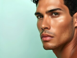 Obraz premium Handsome South American Mans Professional Makeup for Skincare Advertising on Mint Green Background