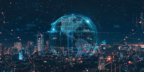 Obraz premium Digital globe with glowing connections on dark background, symbolizing global network and connectivity in technology or digital marketing concept.