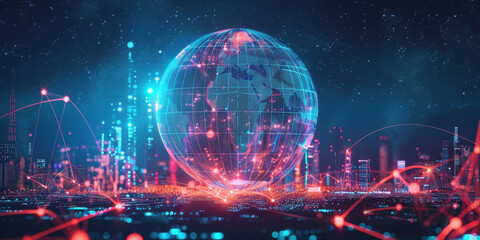 Digital globe with glowing connections on dark background, symbolizing global network and connectivity in technology or digital marketing concept.