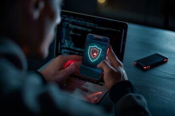 Merchants use smartphones and computers with cybersecurity technology to protect personal data and secure Internet access. Data network security and privacy concepts.