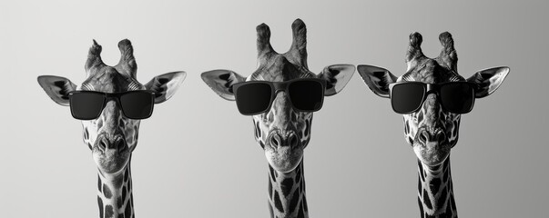 Three giraffes wearing sunglasses, monochrome photography. Contemporary animal art concept