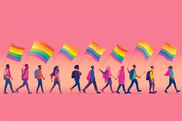 Obraz premium Minimalist vector illustration of a Pride parade with diverse LGBTQ+ community members marching under rainbow flags, emphasizing inclusivity and the celebration of queer culture with simple, clean