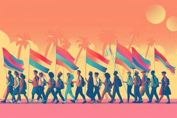 Obraz premium Minimalist vector illustration of a Pride parade with diverse LGBTQ+ community members marching under rainbow flags, emphasizing inclusivity and the celebration of queer culture with simple, clean