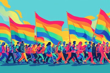 Minimalist vector illustration of a Pride parade with diverse LGBTQ+ community members marching under rainbow flags, emphasizing inclusivity and the celebration of queer culture with simple, clean