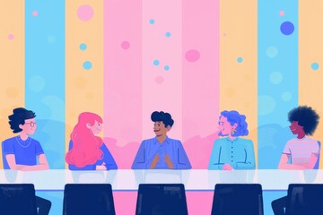 Vector illustration of a business meeting discussing trans rights and gender fluidity, promoting inclusivity and equal rights with a minimalistic design and vibrant accents
