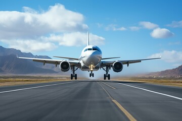 An airplane on the runway with its wheels retracted, ready for takeoff. Generative AI