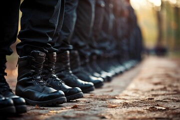 Aligned military footwear ready for action. Generative AI
