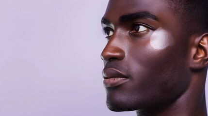 Obraz premium Handsome African Man s Face in Elegant Skincare Advertising Banner on Lavender Background