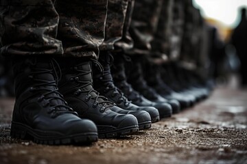 Aligned military footwear ready for action. Generative AI