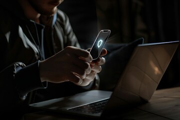 Merchants use smartphones and computers with cybersecurity technology to protect personal data and secure Internet access. Data network security and privacy concepts.