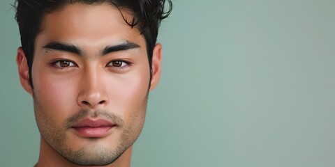 Naklejka premium Handsome Japanese Man s Facial Portrait for Cosmetic Skincare Advertising Concept