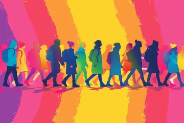 Obraz premium Minimalist vector illustration of a group of non-binary individuals participating in a Pride parade, promoting visibility and acceptance with bold, simplified shapes and vibrant colors