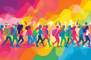 Minimalist vector illustration of a group of non-binary individuals participating in a Pride parade, promoting visibility and acceptance with bold, simplified shapes and vibrant colors