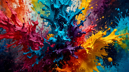Close up Colorful paint splashes isolated on black background. Abstract background. Created with generative AI

