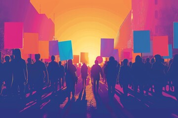 Minimalist vector scene of a Pride march with participants holding signs advocating for trans rights and gender equality, using simple shapes and vibrant colors to emphasize inclusivity