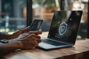 Merchants use smartphones and computers with cybersecurity technology to protect personal data and secure Internet access. Data network security and privacy concepts.