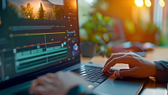 A young female designer is retouching images on a monitor screen while seated at a table in her home studio, using a digital pen.