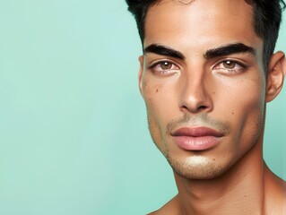 Naklejka premium Handsome South American Man s Face for Cosmetics Advertising on Mint Green Background