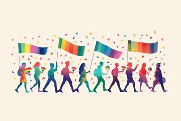 Fototapeta premium Minimalist vector artwork of a Pride parade with participants advocating for LGBTQ+ rights and gender equality, using bold, simplified shapes and vibrant colors to emphasize inclusivity