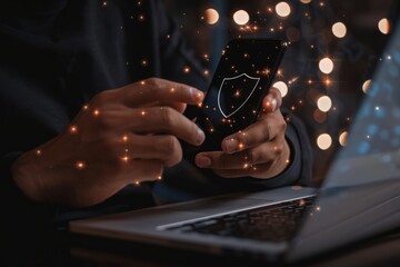 Merchants use smartphones and computers with cybersecurity technology to protect personal data and secure Internet access. Data network security and privacy concepts.