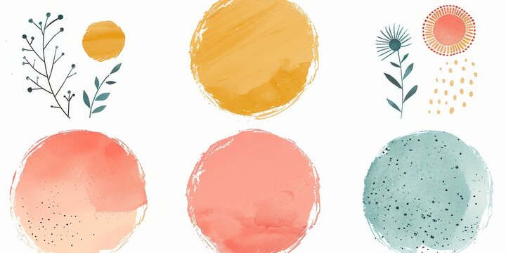 Abstract Shapes in Orange Blush, Yellow, Dusty Pink, and Light Dusty Teal with Bold Strokes, Soft Washes, and Naive Charm Feminine Sticker Art Phoenician Influence and Simple Sun and Flower Doodles