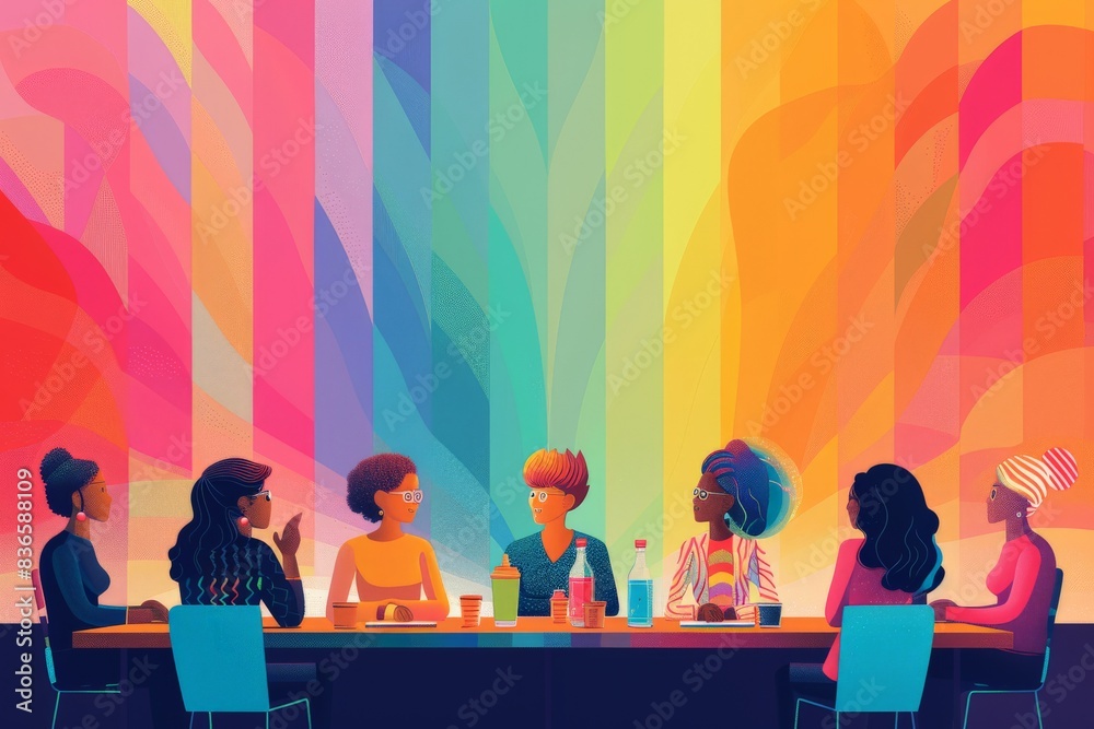 Wall mural Vector illustration of a business meeting discussing the importance of LGBTQ+ advocacy and equal rights, promoting inclusivity with clean, minimalistic lines and a vibrant color palette - Wall murals
