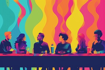Vector illustration of a business meeting discussing the importance of LGBTQ+ advocacy and equal rights, promoting inclusivity with clean, minimalistic lines and a vibrant color palette