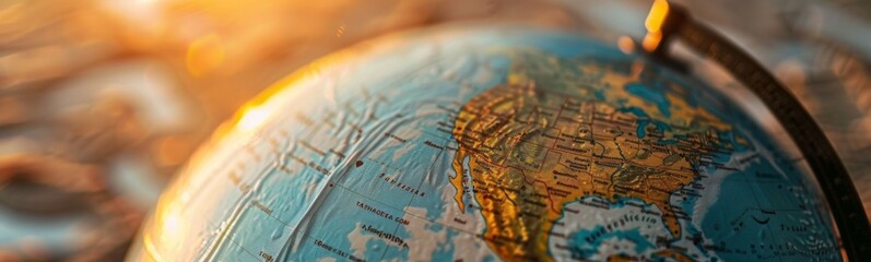Close up of a globe with a sun setting, travel background
