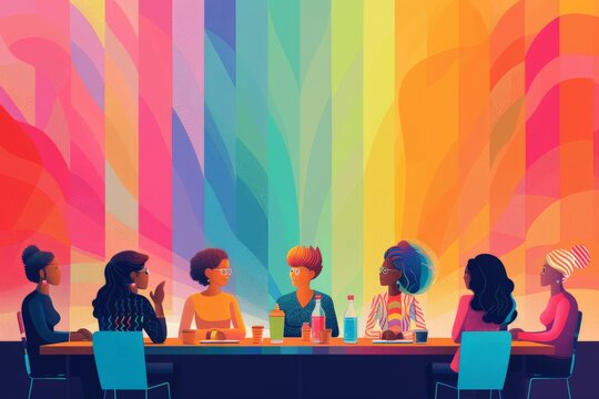 Vector illustration of a business meeting discussing the importance of LGBTQ+ advocacy and equal rights, promoting inclusivity with clean, minimalistic lines and a vibrant color palette