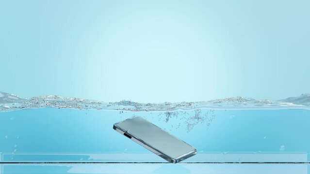 water dropping smartphone, mobile phone falls into water with bubble, water splash isolated on blue background. cell phone damaged, 3d illustration render, alpha channel